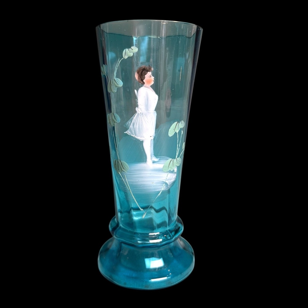 Antique Mary Gregory Turquoise Blue Art Glass Vase Hand Painted Girl 6.5"